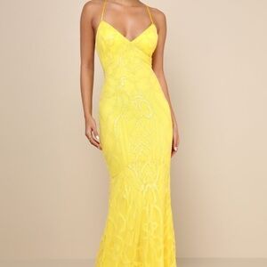Lulus Perfect Enchantment Yellow Sequin Lace-up Mermaid Maxi Dress - Size S